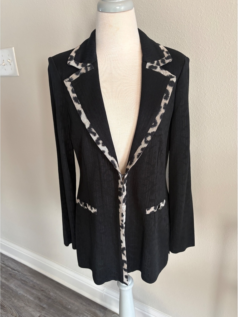 Ming Wang Black Leopard Print Trim Long Knit Jacket Women’s Size Small
